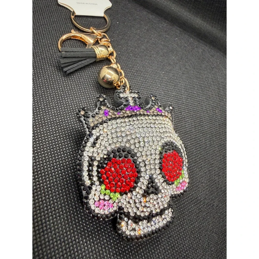 Rhinestone Sugar Skull Keychain Crown Tassel Gold Tone Bag Charm Day of the Dead